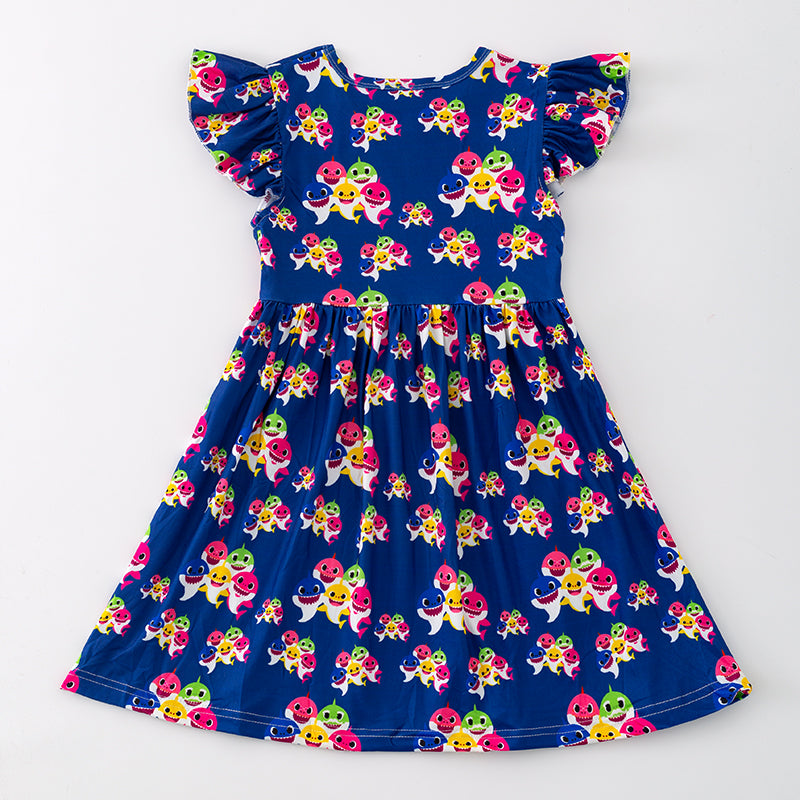 Girls Navy Shark Print Milk Silk Dress