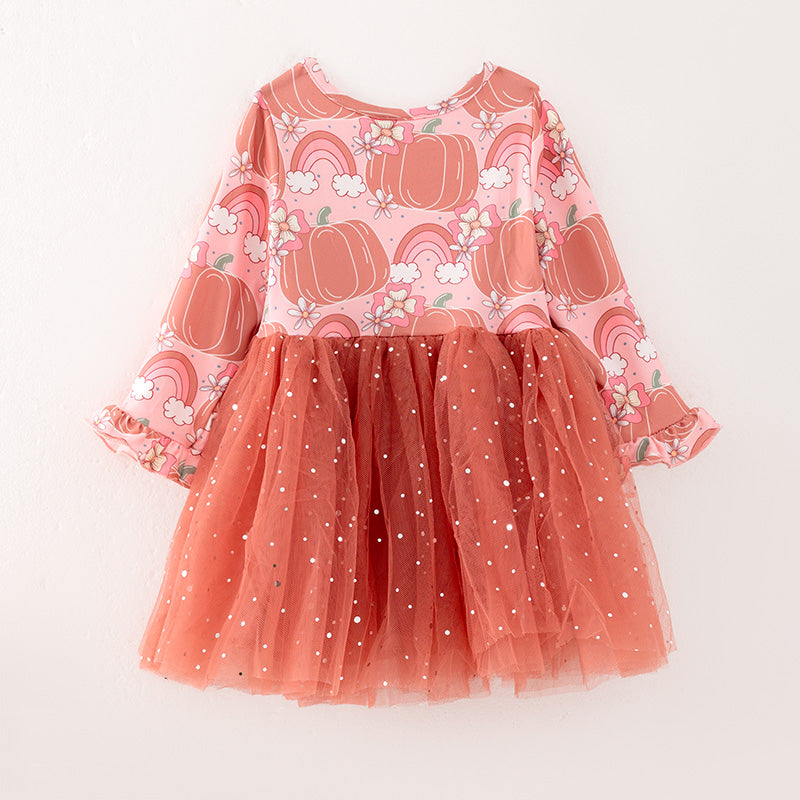 （In Stock Q2-4-1）Girls Thanksgiving Print Tulle Dress