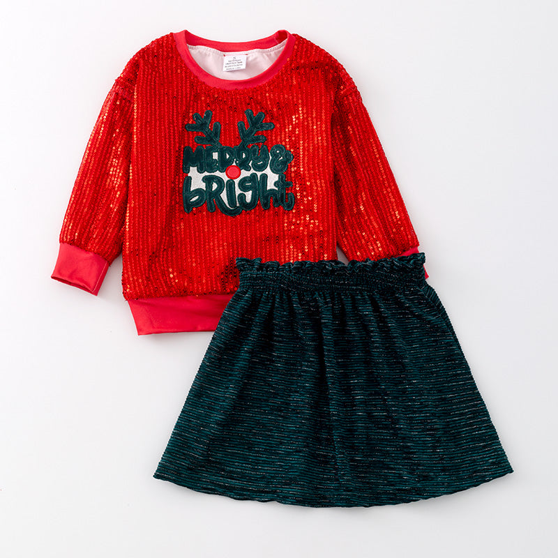 （In Stock A6-4-3）Girls Christmas Embroidery Skirt Set