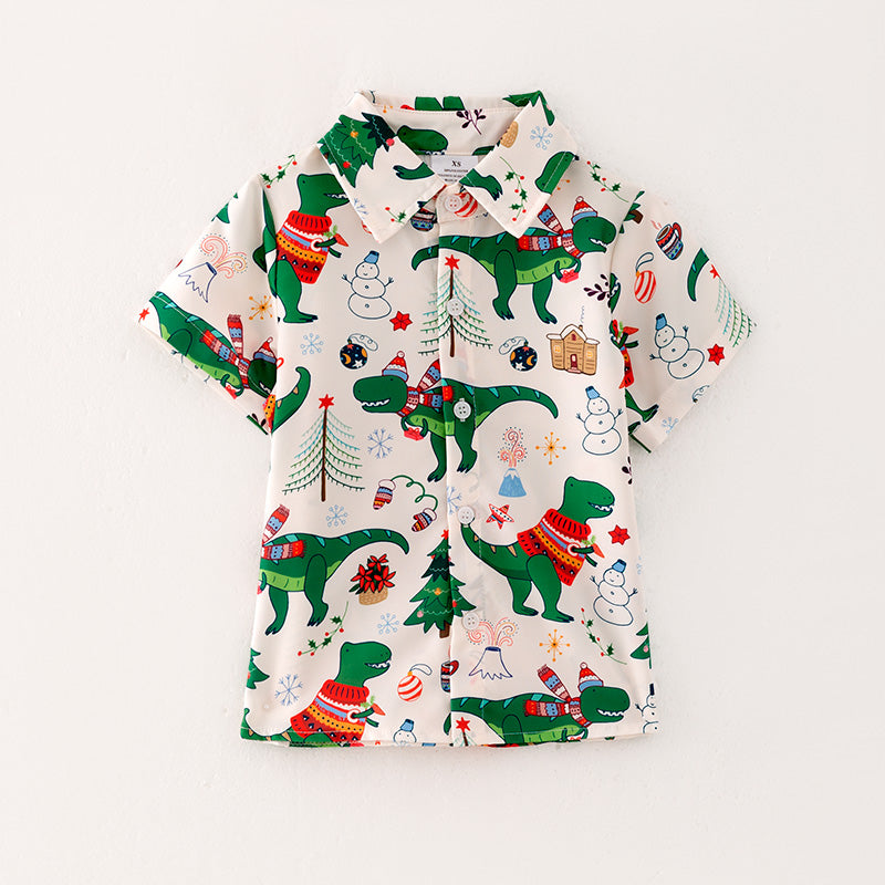 （PRE ORDER）Boys Christmas Dinosaur Print Shirt