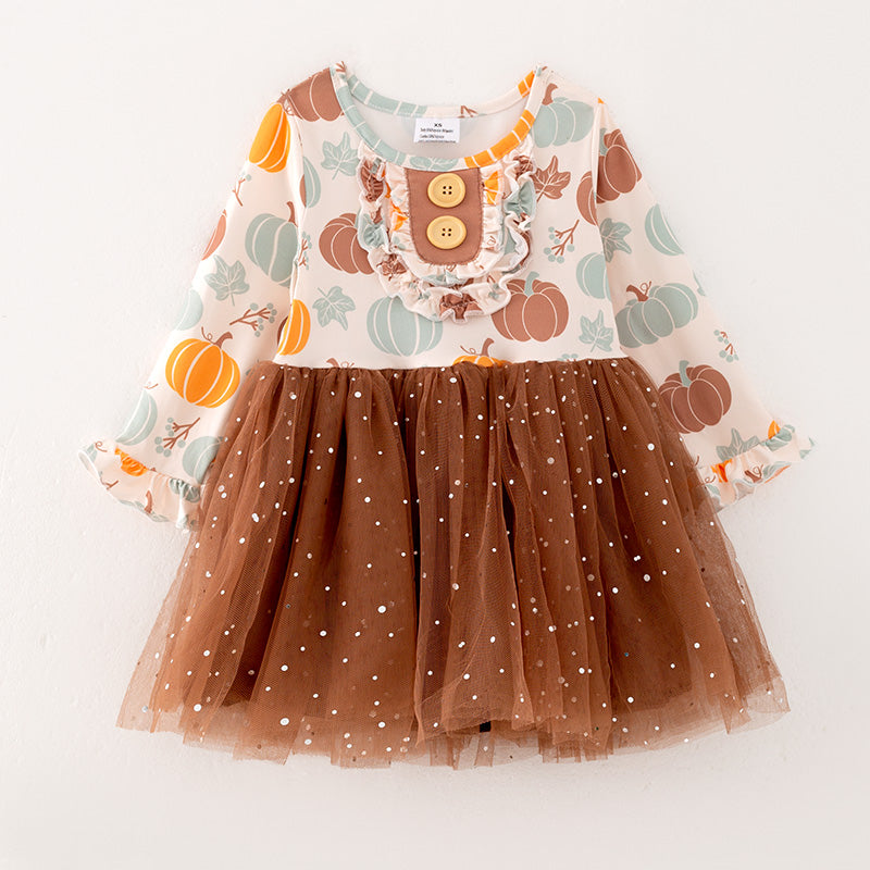 （In Stock L7-4-1）Girls Thanksgiving Print Tulle Dress