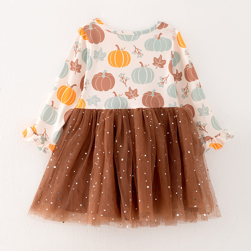 （In Stock L7-4-1）Girls Thanksgiving Print Tulle Dress