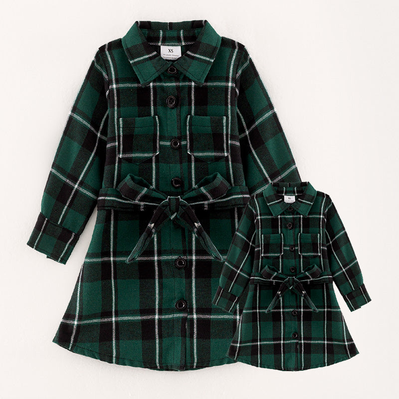 （In Stock L28-5-2）Mommy and Me Green Plaid Shirt Dress