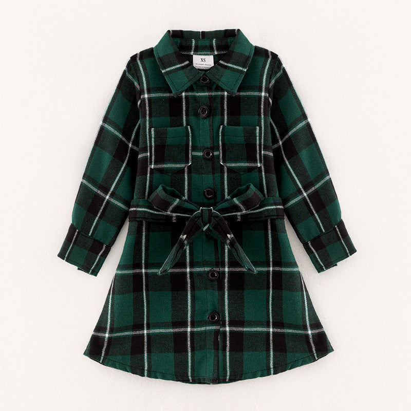 （In Stock L28-5-2）Mommy and Me Green Plaid Shirt Dress