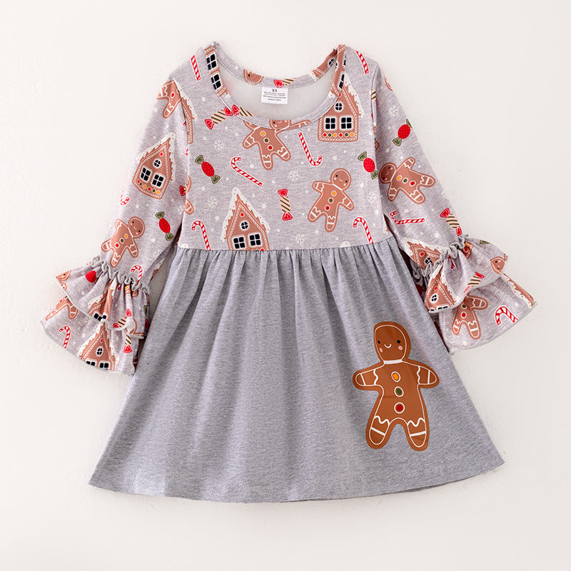 （In Stock L28-05-02）Girls Christmas Gingerbread Man Print Dress