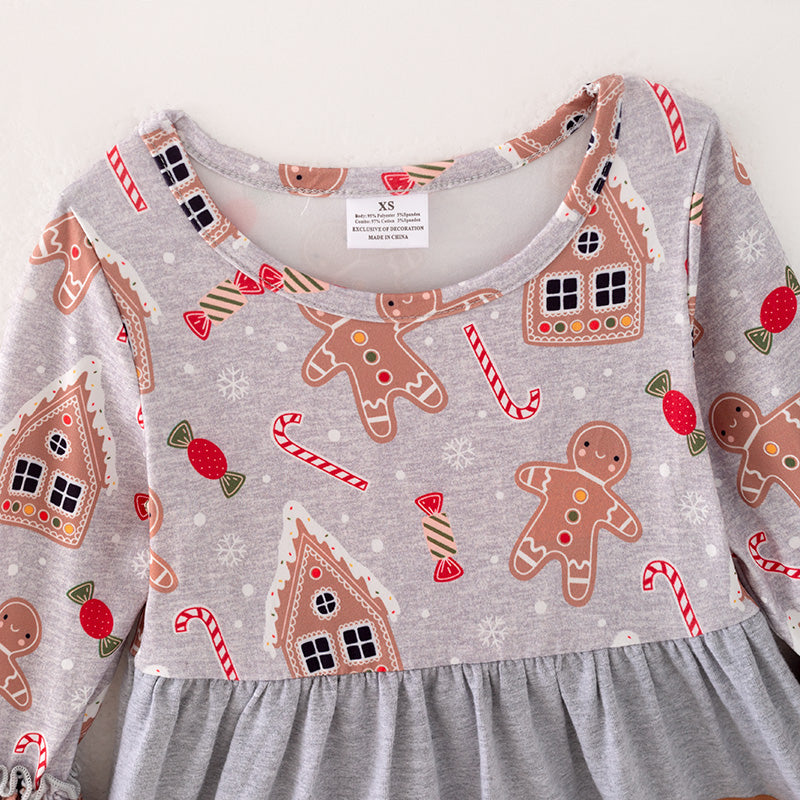 （In Stock L28-05-02）Girls Christmas Gingerbread Man Print Dress