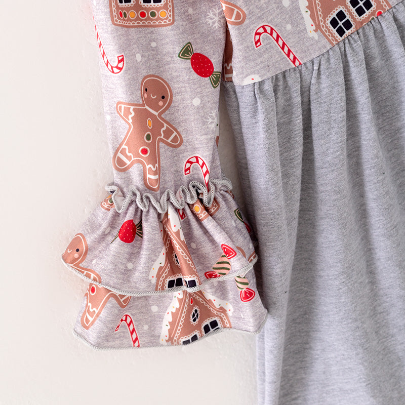 （In Stock L28-05-02）Girls Christmas Gingerbread Man Print Dress