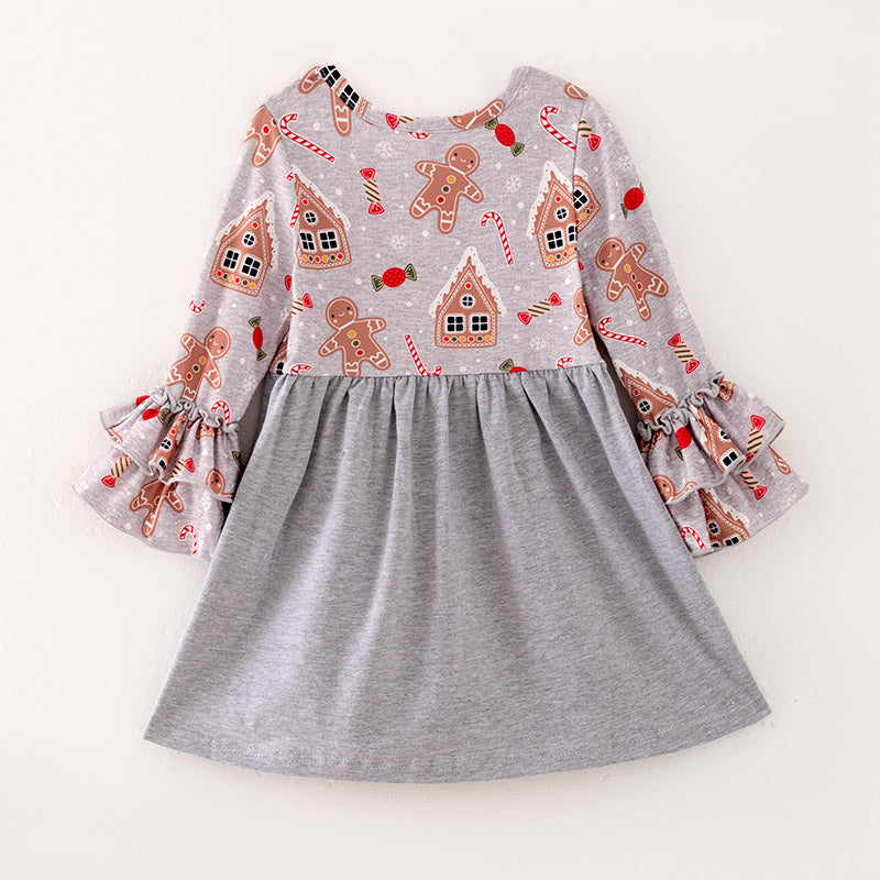 （In Stock L28-05-02）Girls Christmas Gingerbread Man Print Dress