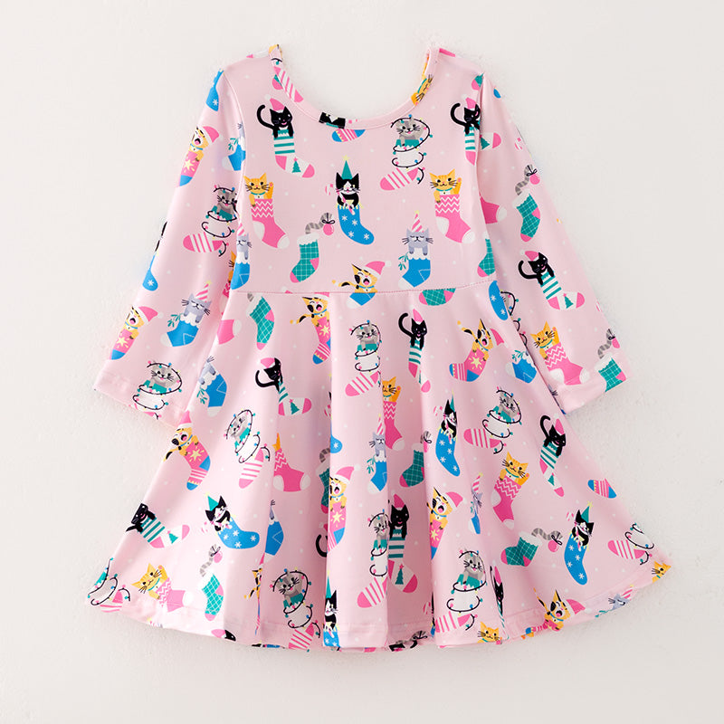 （In Stock L28-05-01）Girls Christmas Kitty Print Dress