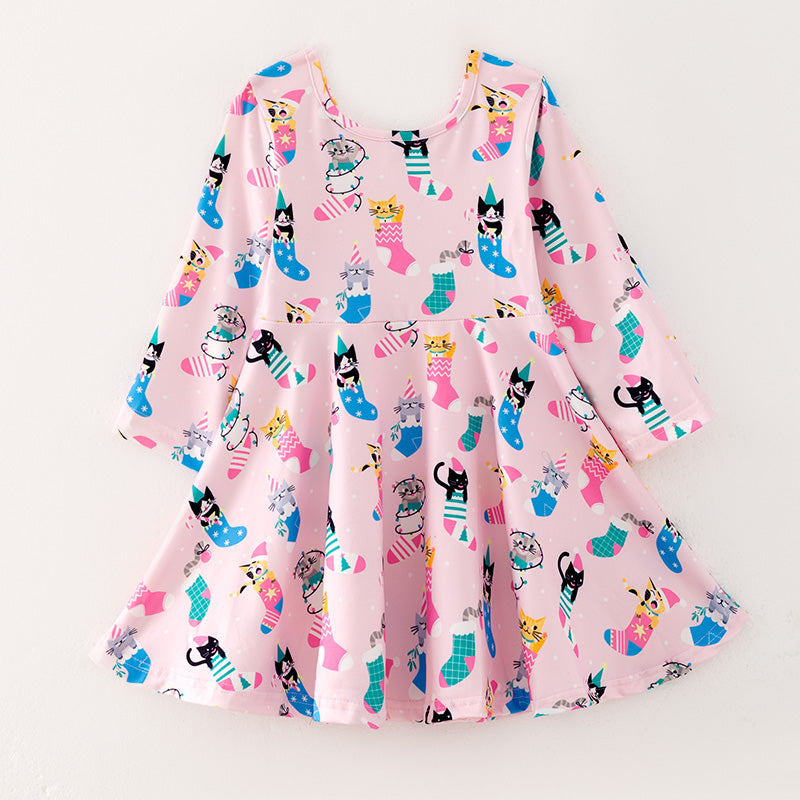 （In Stock L28-05-01）Girls Christmas Kitty Print Dress