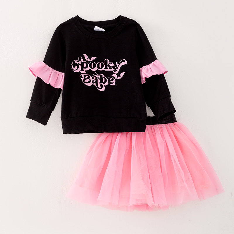 （In Stock Q5-3-1）Girls Halloween Print Tulle Skirt Suit