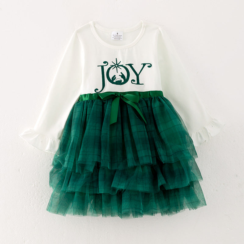 （In Stock A4-6-2）Girls Christmas JOY Print Tulle Dress