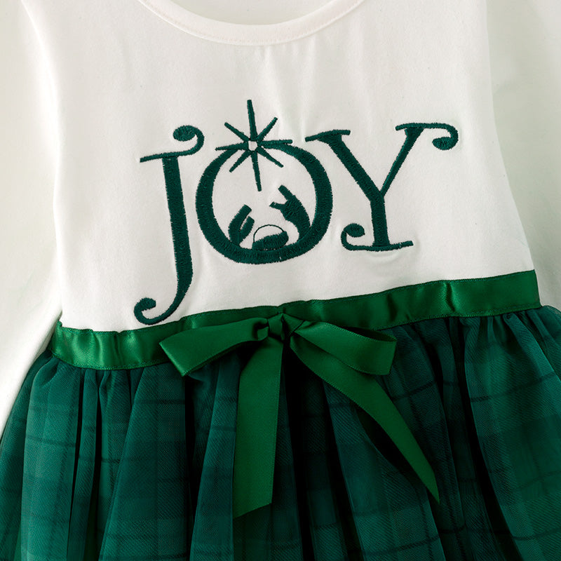 （In Stock A4-6-2）Girls Christmas JOY Print Tulle Dress