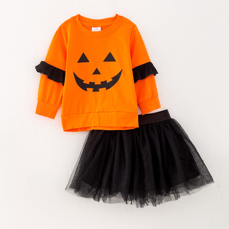 （In Stock Q4-6-2）Girls Halloween Print Tulle Skirt Suit