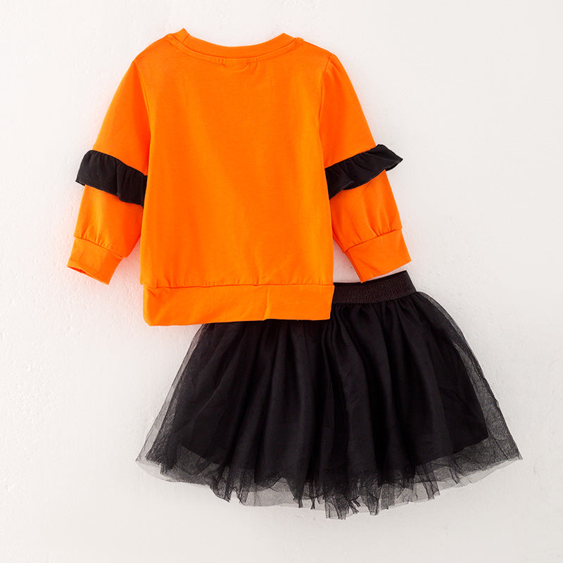 （In Stock Q4-6-2）Girls Halloween Print Tulle Skirt Suit