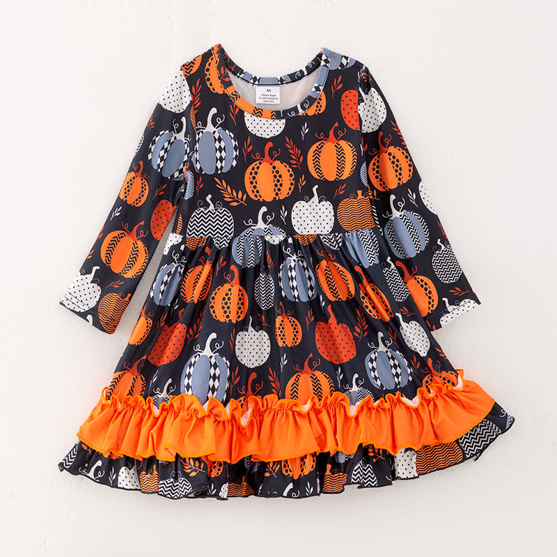 （In Stock E38-2-1）Girls Halloween Pumpkin Print Dress