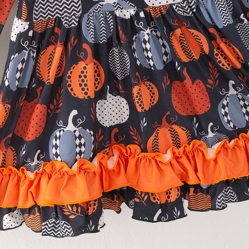 （In Stock E38-2-1）Girls Halloween Pumpkin Print Dress