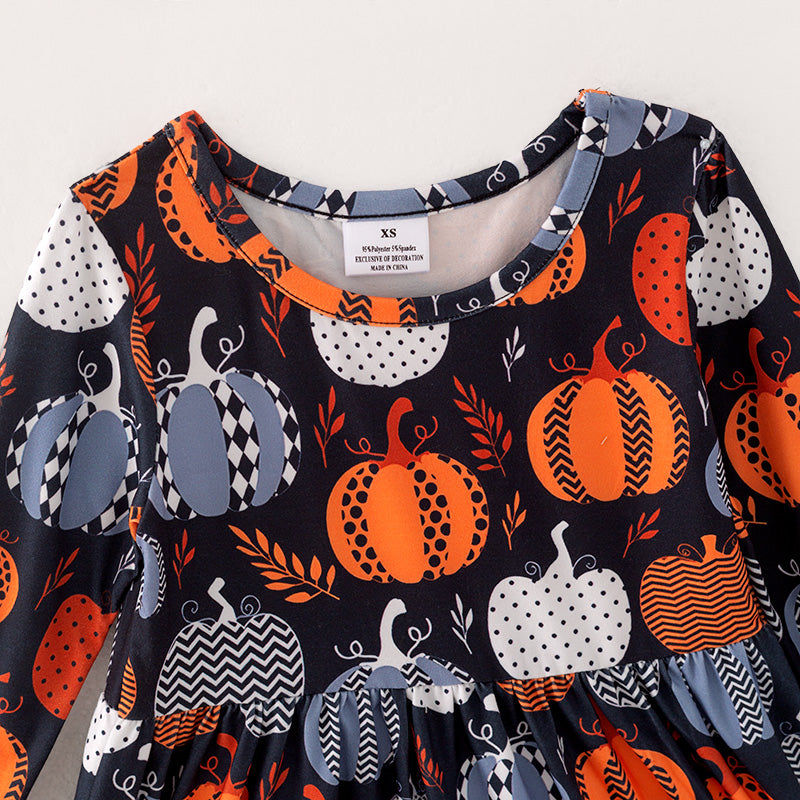 （In Stock E38-2-1）Girls Halloween Pumpkin Print Dress