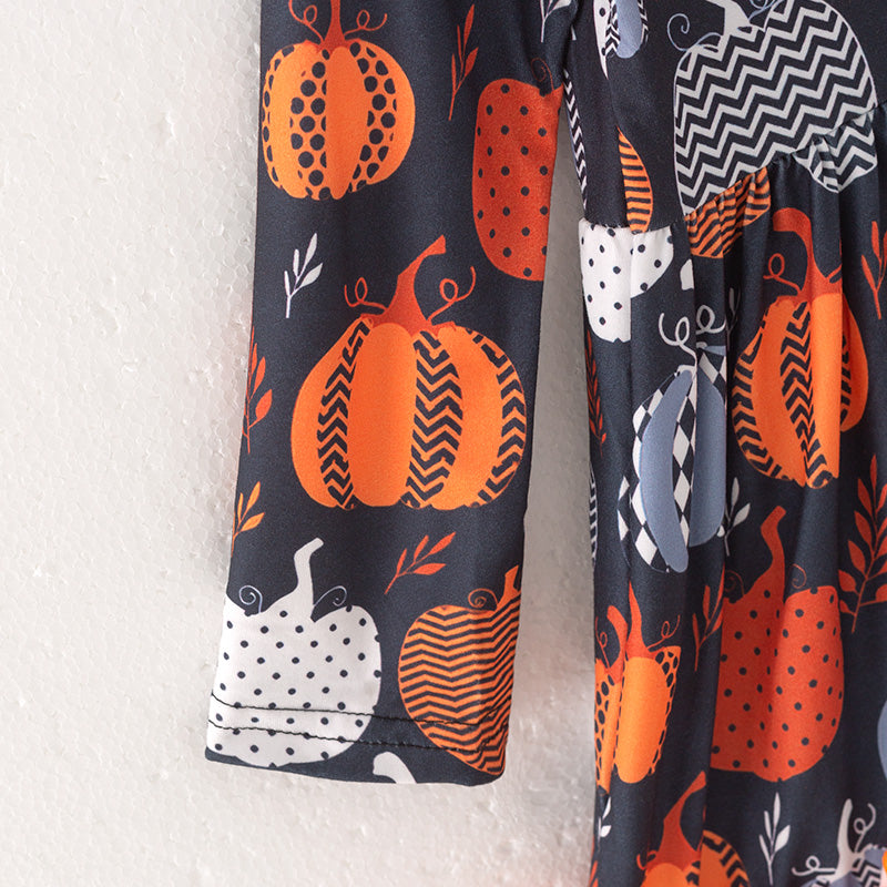 （In Stock E38-2-1）Girls Halloween Pumpkin Print Dress