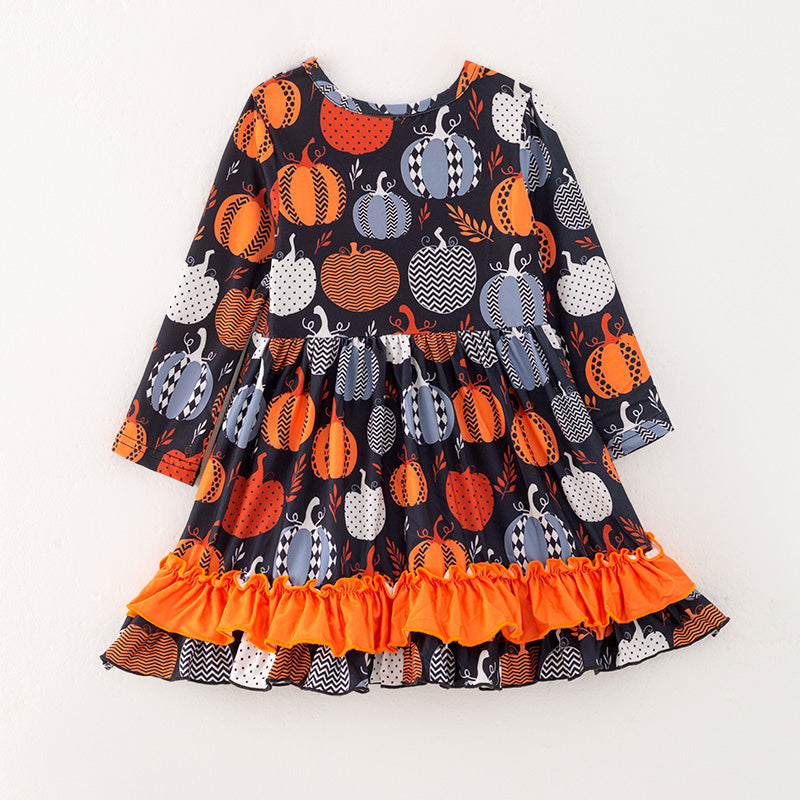 （In Stock E38-2-1）Girls Halloween Pumpkin Print Dress