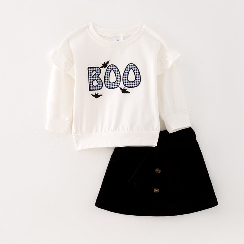 （In Stock Q1-3-2）Girls Halloween BOO Applique Skirt Set