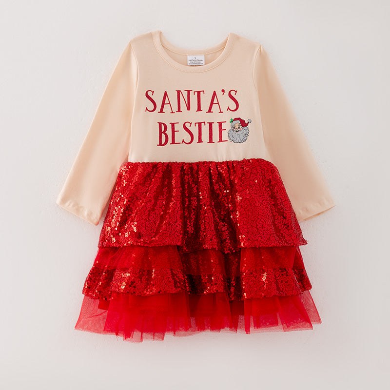 （In Stock G16-1-3）Girls Christmas SANTAS BESTIE Print Sequined Tulle Dress