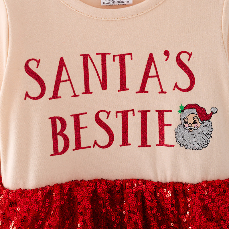 （In Stock G16-1-3）Girls Christmas SANTAS BESTIE Print Sequined Tulle Dress