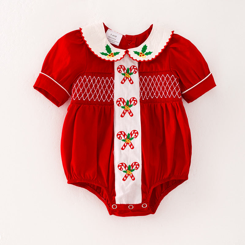 （In Stock L4-2-2）Baby Girls Christmas Embroidery Smocked Romper