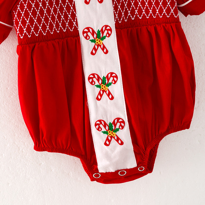 （In Stock L4-2-2）Baby Girls Christmas Embroidery Smocked Romper