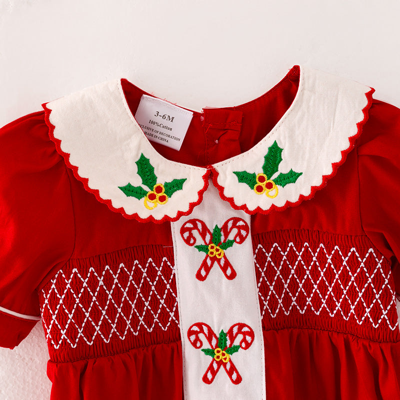 （In Stock L4-2-2）Baby Girls Christmas Embroidery Smocked Romper