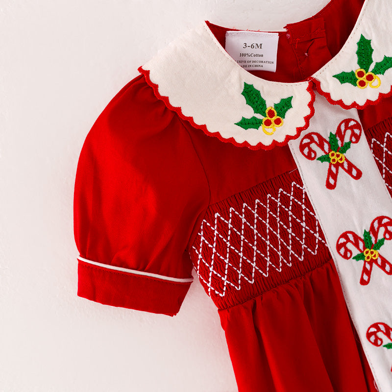 （In Stock L4-2-2）Baby Girls Christmas Embroidery Smocked Romper