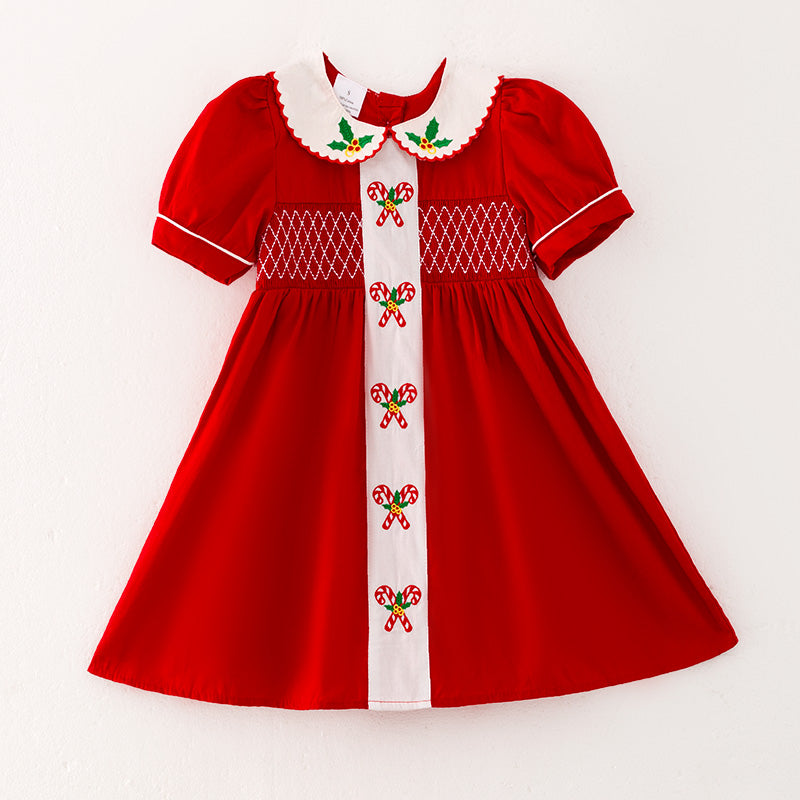 （In Stock L5-1-3）Girls Christmas Embroidery Smocked Dress