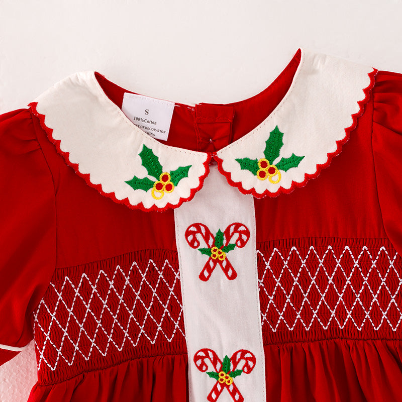 （In Stock L5-1-3）Girls Christmas Embroidery Smocked Dress