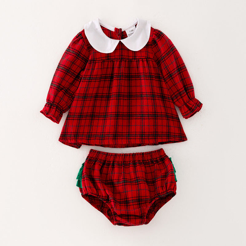 （In Stock L34-3-2）Baby Girls Christmas Red Plaid Bloomer Set