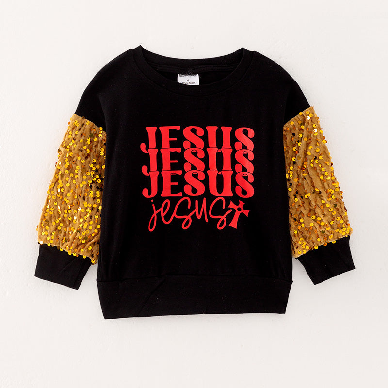 （In Stock L34-2-3）Girls Christmas JESUS Print Top