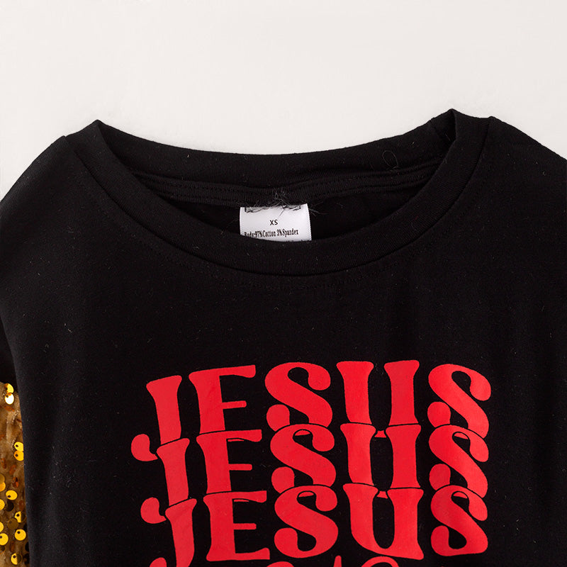 （In Stock L34-2-3）Girls Christmas JESUS Print Top