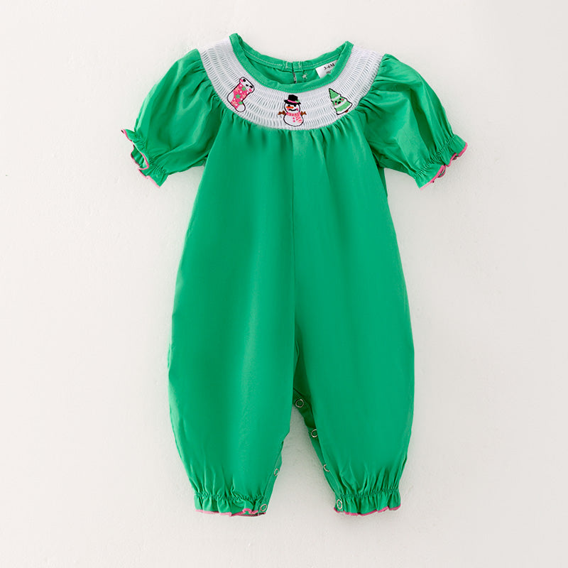 （In Stock L26-4-2）Baby Girls Christmas Embroidery Smocked Romper