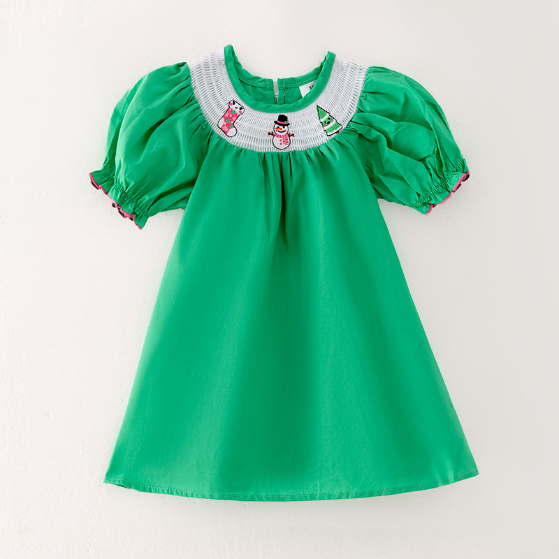 （In Stock L37-3-1）Girls Christmas Embroidery Smocked Dress