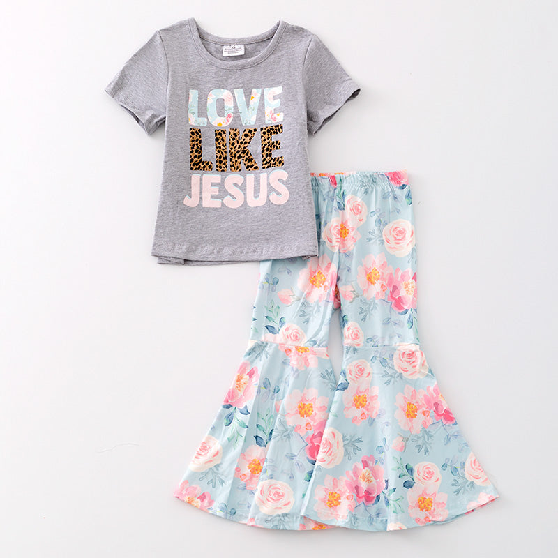 （In Stock E6-1-3）Girls Fall LOVE LIKE JESUS Print Outfit Set