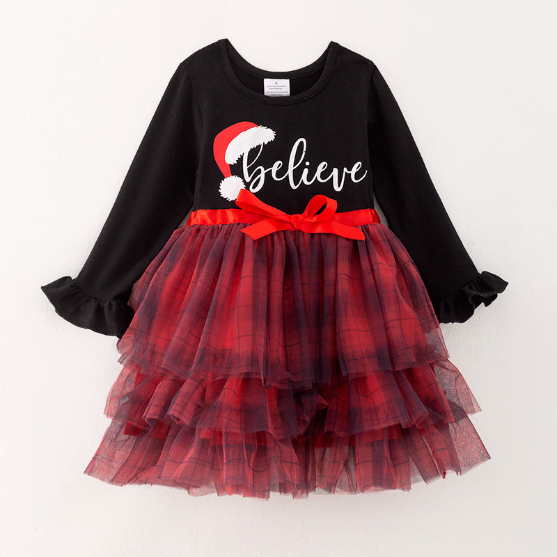 （In Stock A4-7-2）Girls Christmas Print Tulle Dress