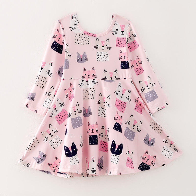 （In Stock E2-3-2）Girls Fall Cute Kitty Print Dress