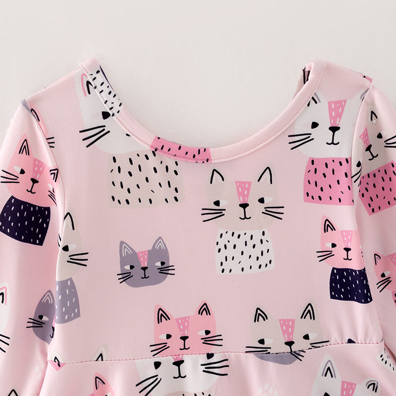 （In Stock E2-3-2）Girls Fall Cute Kitty Print Dress