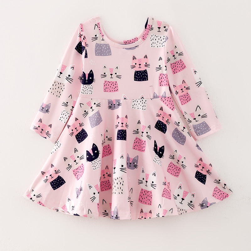 （In Stock E2-3-2）Girls Fall Cute Kitty Print Dress