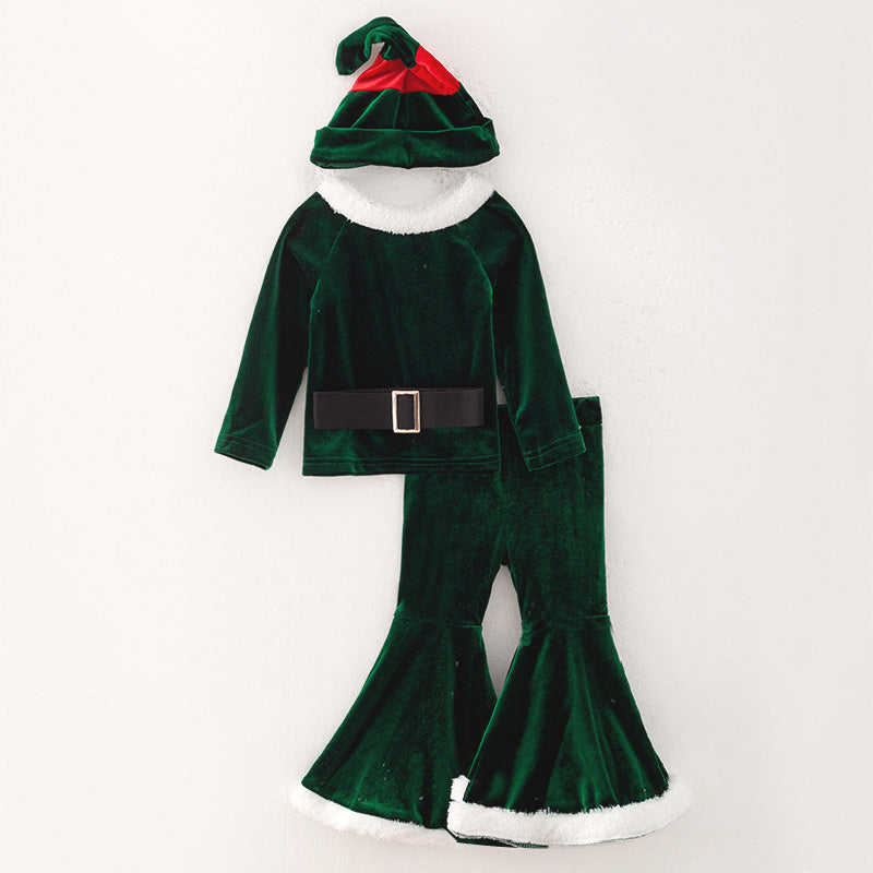 （In Stock E2-1-2）Girls Christmas Green Velvet Santa Suit