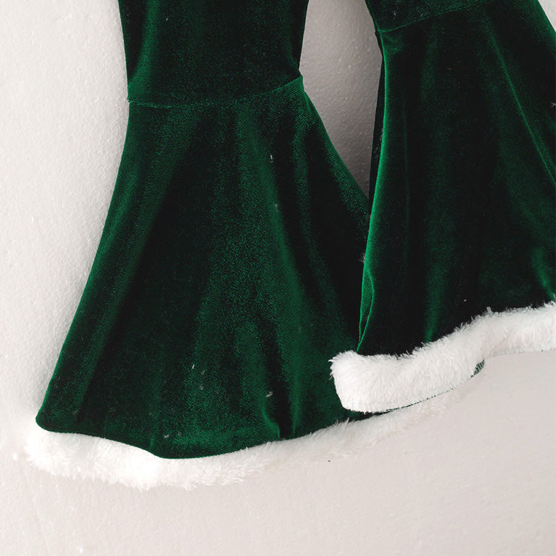 （In Stock E2-1-2）Girls Christmas Green Velvet Santa Suit