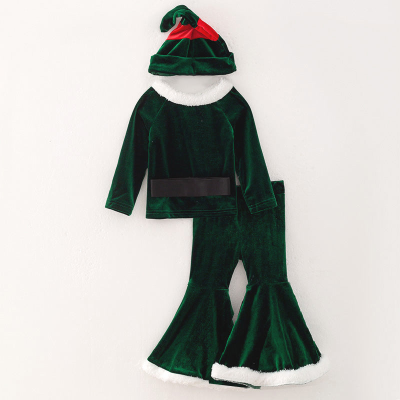 （In Stock E2-1-2）Girls Christmas Green Velvet Santa Suit