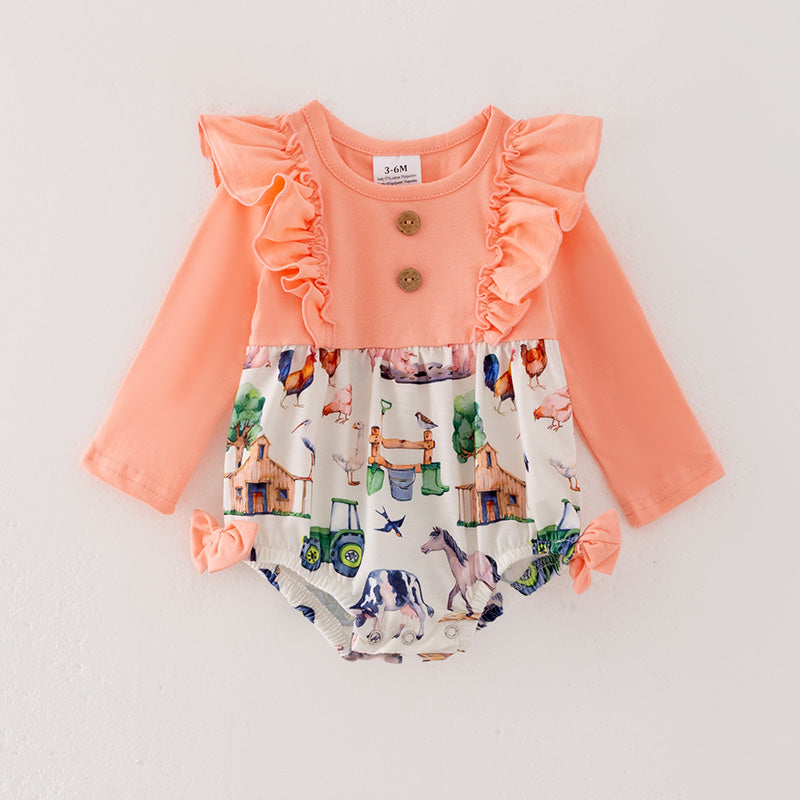 （In Stock A4-8-2）Baby Girls Fall Farm Print Romper