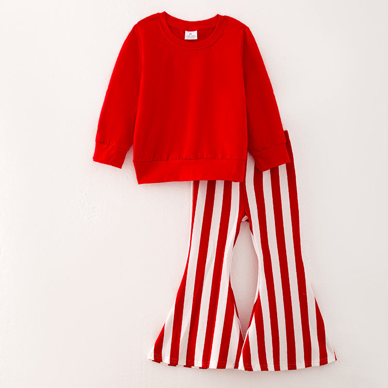 （In Stock A5-7-1）Girls Christmas Red Top Stripe Pants Set