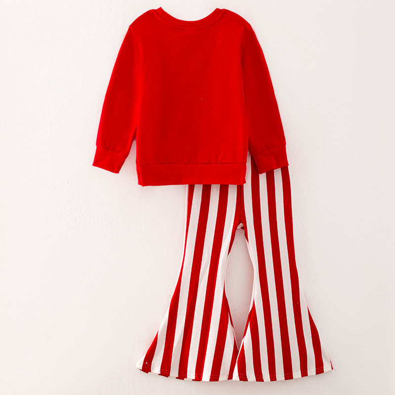 （In Stock A5-7-1）Girls Christmas Red Top Stripe Pants Set