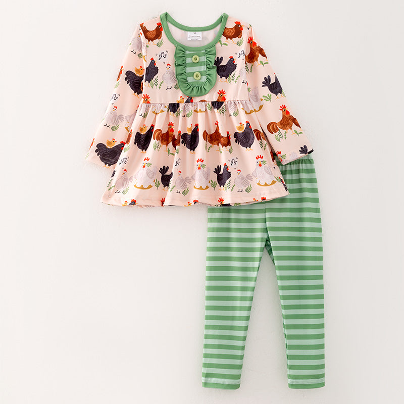 （In Stock E7-1-1）Girls Fall Chick Print Outfit Set